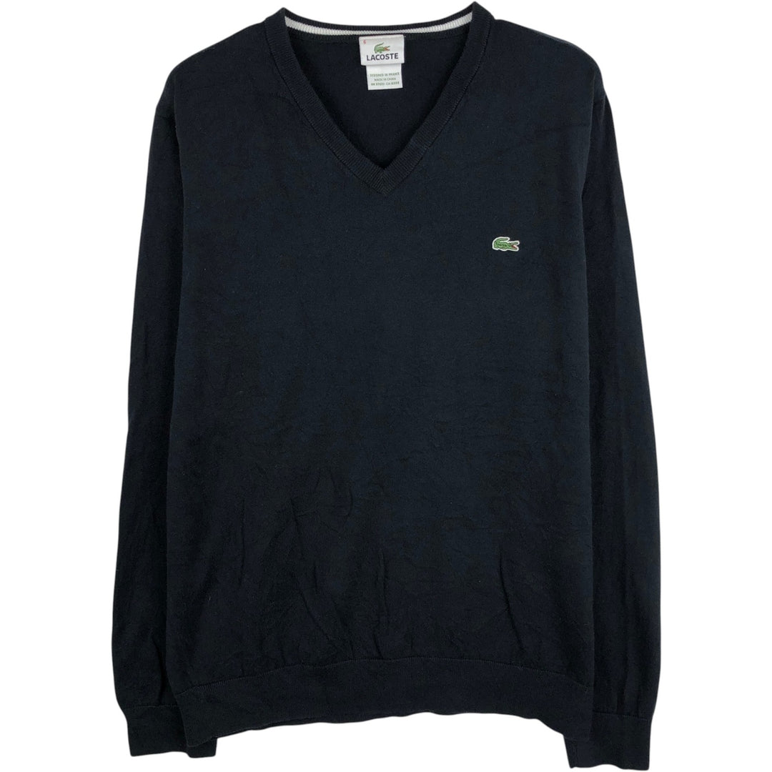 Lacoste (French design) V-neck cotton knit sweater, men's size M. cotton black type Vintage Second Hand