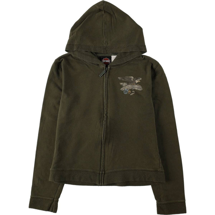 Harley-Davidson Eagle Pattern Sweatshirt Full-Zip Hoodie, Made in USA, Women's Size L (approx.) cotton Khaki type Vintage Second Hand