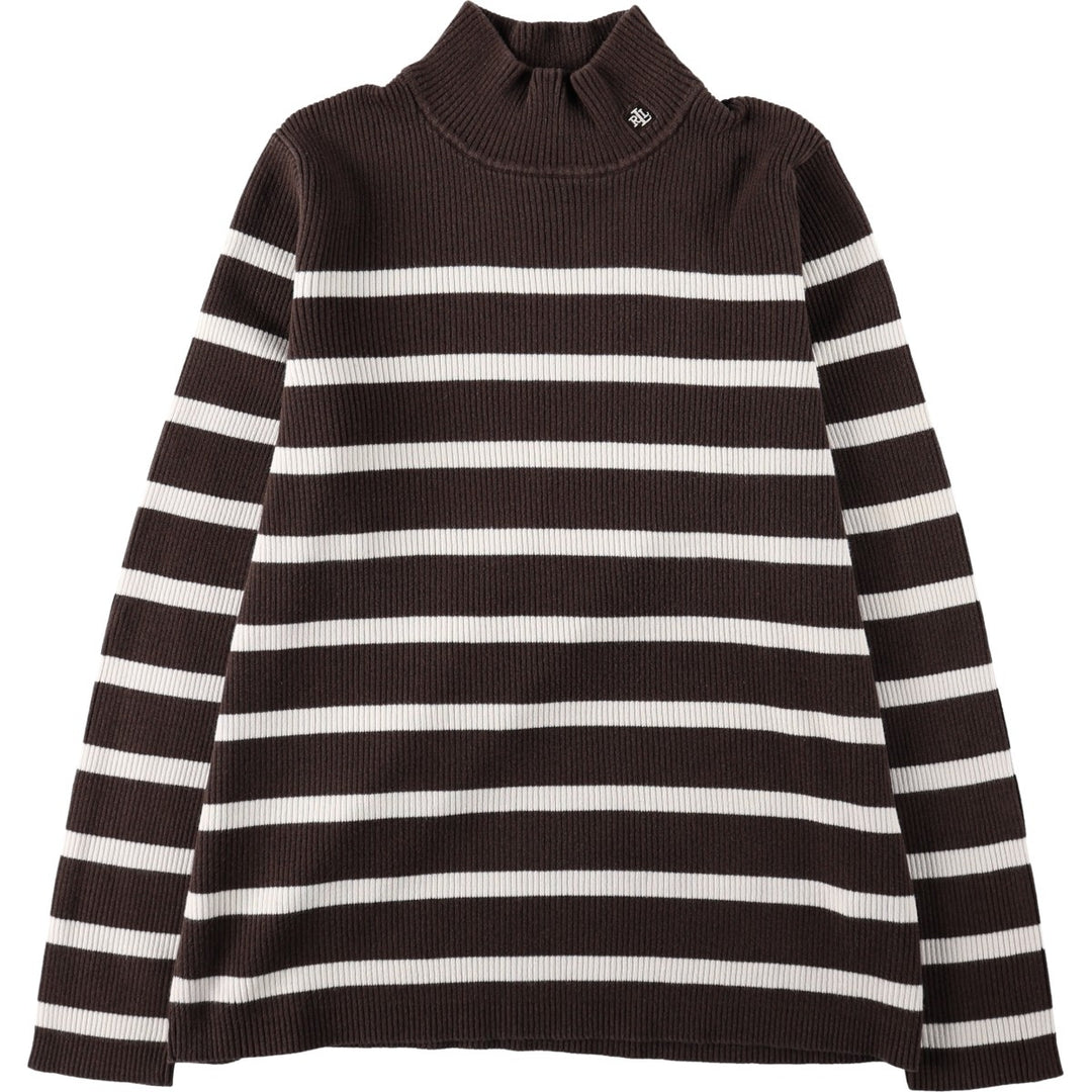 Ralph Lauren LAUREN Striped Pattern Ribbed High Neck Cotton Knit Sweater, Women's Size XL cotton ivory Vintage Second Hand