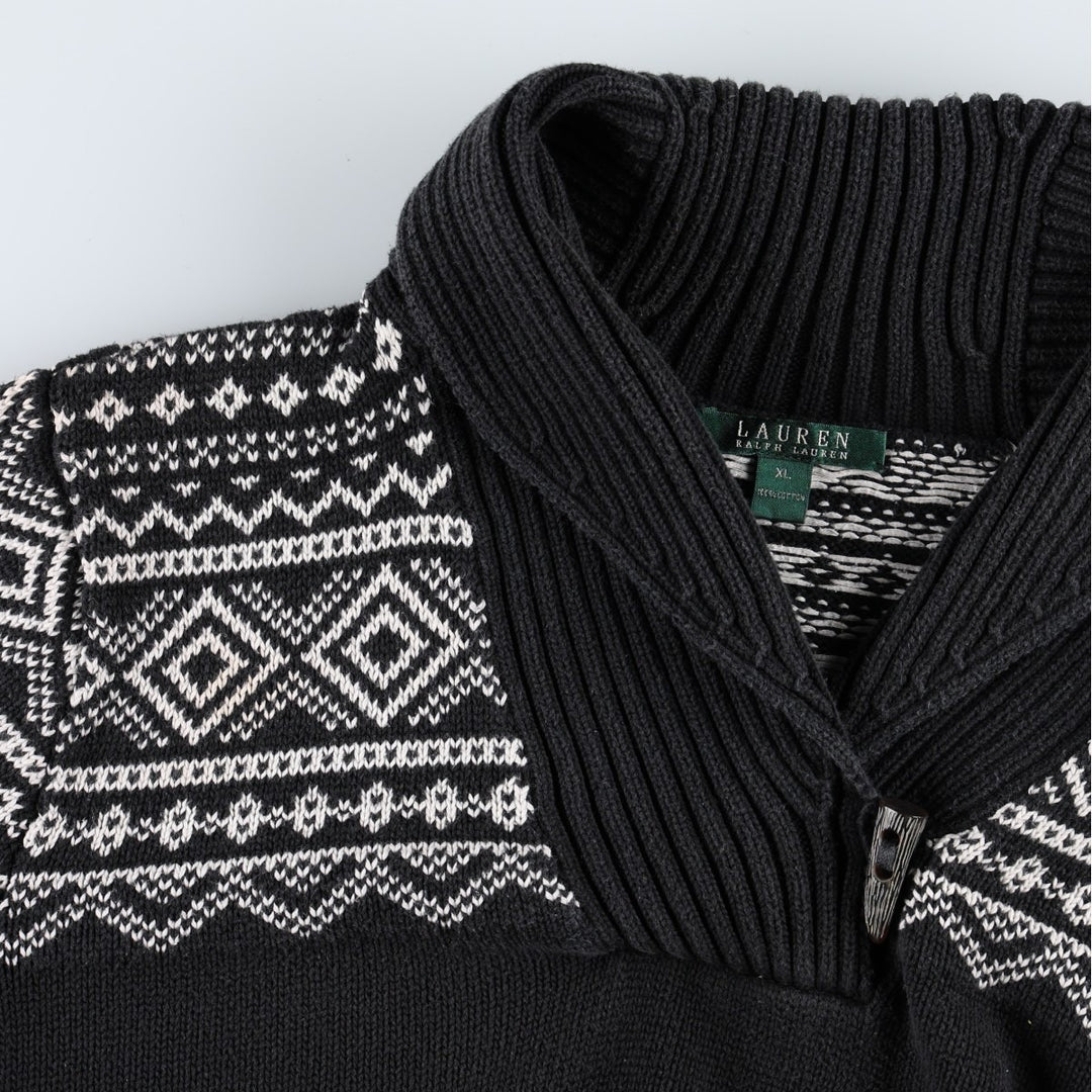 Ralph Lauren LAUREN Nordic Pattern Shawl Collar Cotton Knit Sweater, Women's Size XL (approx.) cotton black type Vintage Second Hand