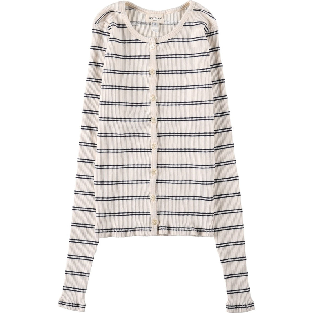River Island Border Pattern Rib-Knit Cotton Cardigan (Women's Size M) cotton pale white type Vintage Second Hand