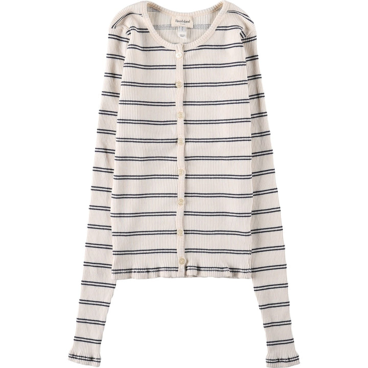 River Island Border Pattern Rib-Knit Cotton Cardigan (Women's Size M) cotton pale white type Vintage Second Hand