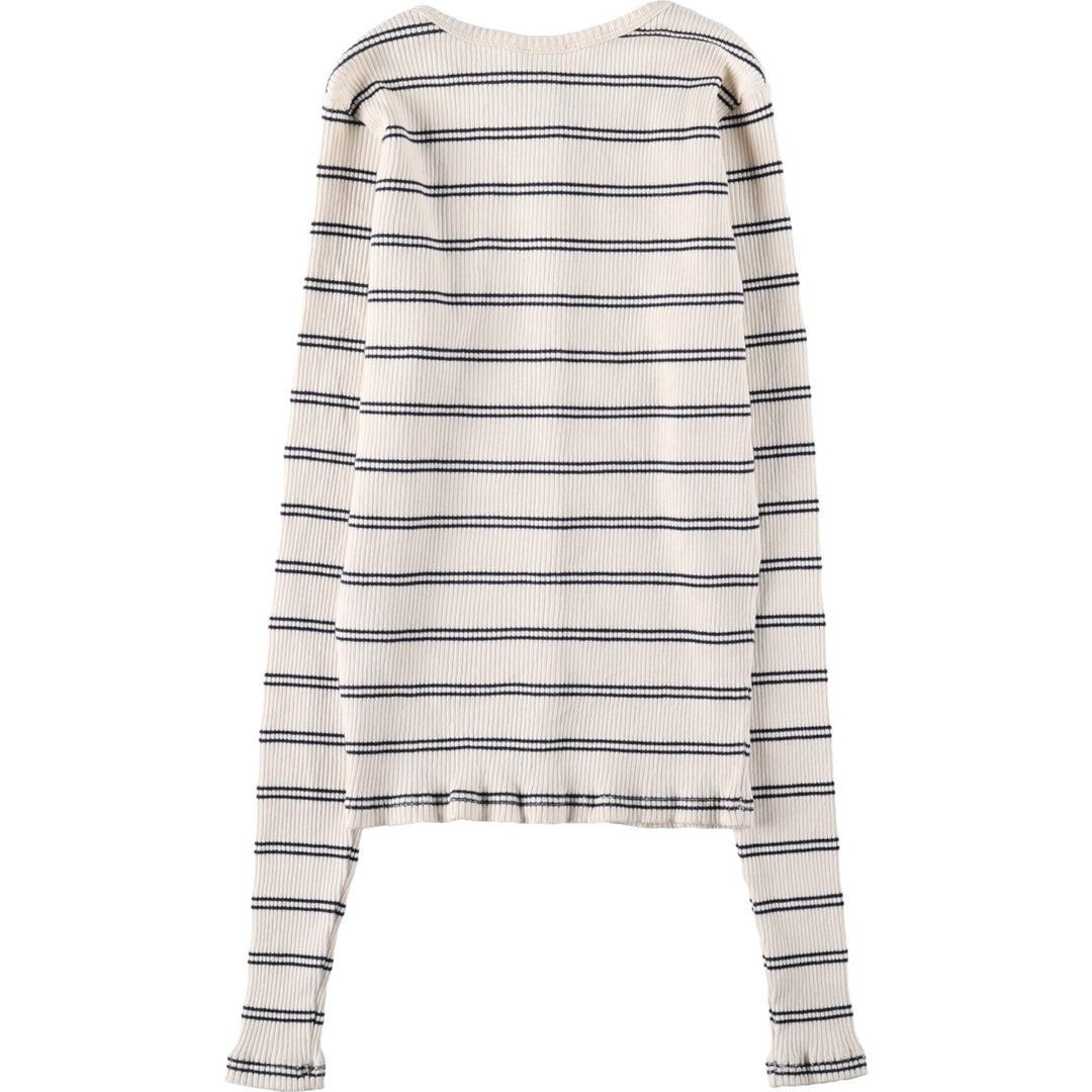 River Island Border Pattern Rib-Knit Cotton Cardigan (Women's Size M) cotton pale white type Vintage Second Hand