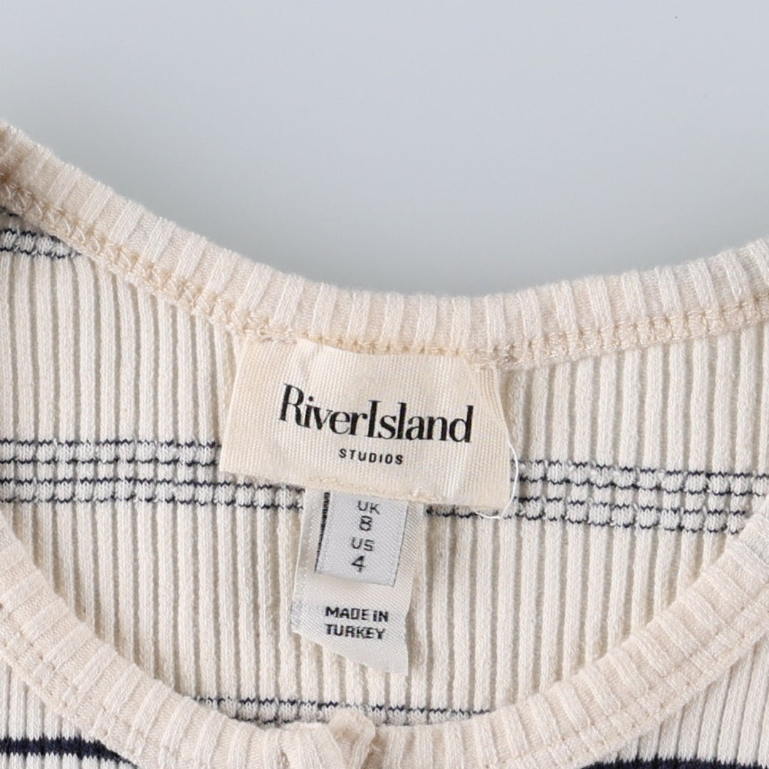 River Island Border Pattern Rib-Knit Cotton Cardigan (Women's Size M) cotton pale white type Vintage Second Hand