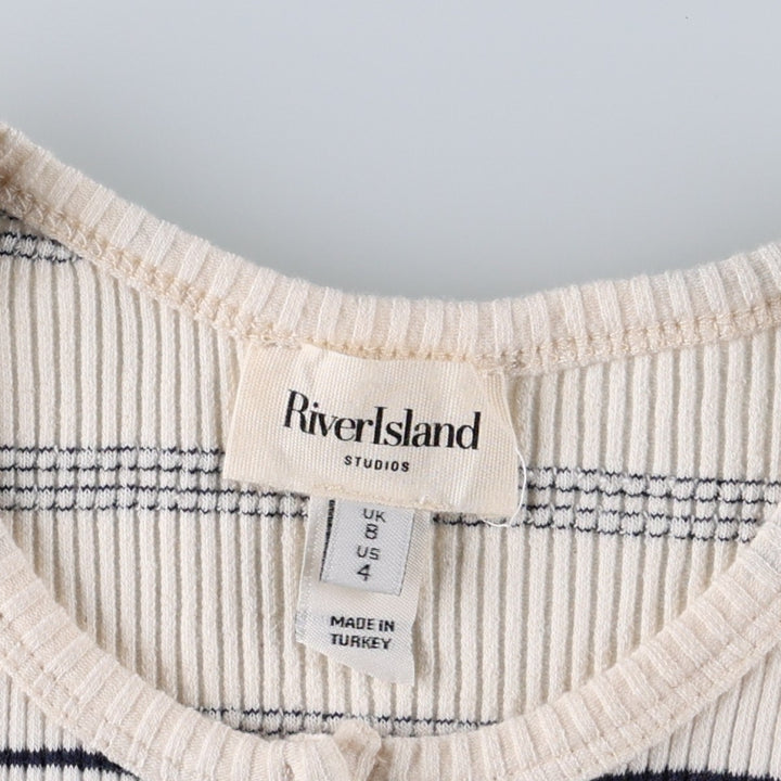 River Island Border Pattern Rib-Knit Cotton Cardigan (Women's Size M) cotton pale white type Vintage Second Hand