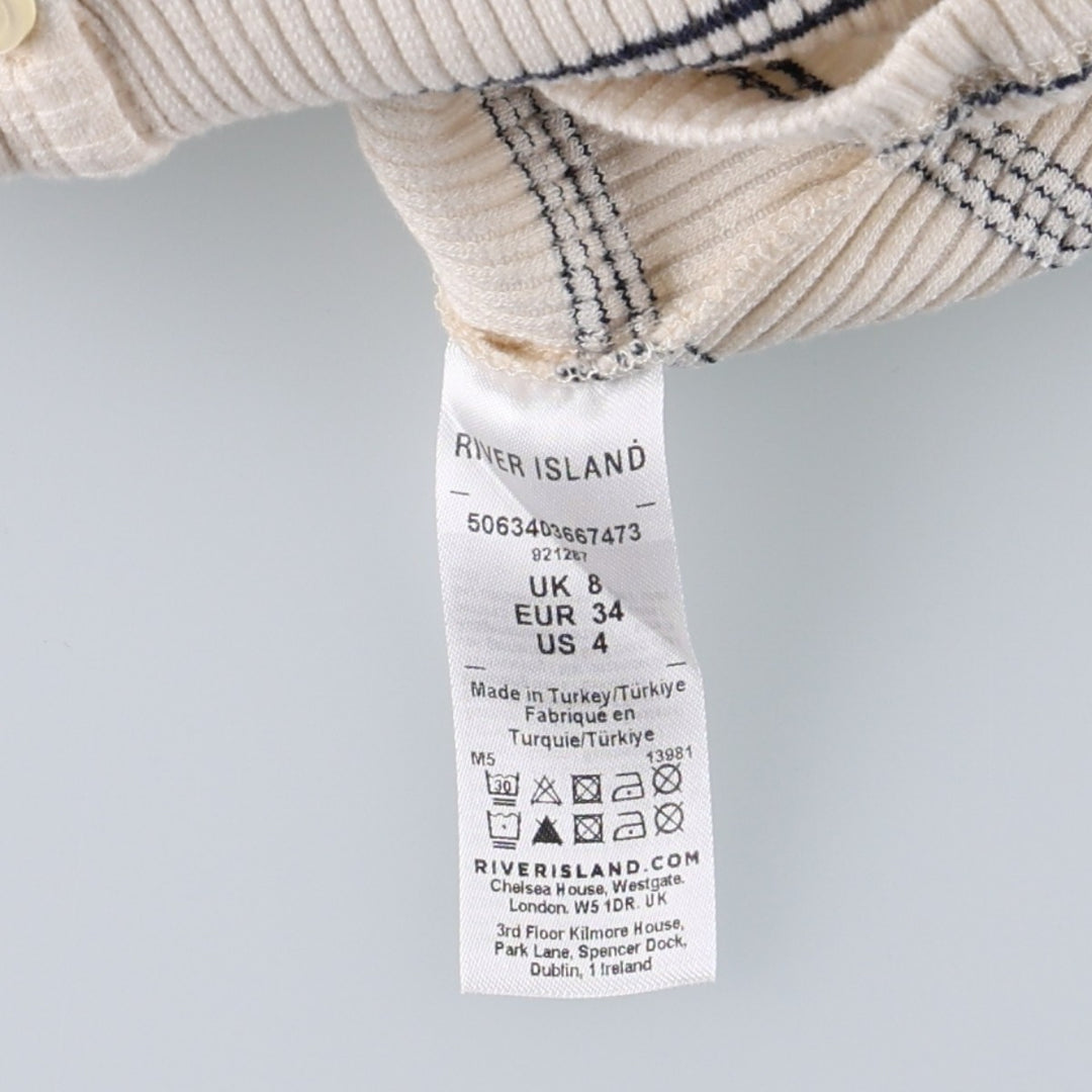 River Island Border Pattern Rib-Knit Cotton Cardigan (Women's Size M) cotton pale white type Vintage Second Hand