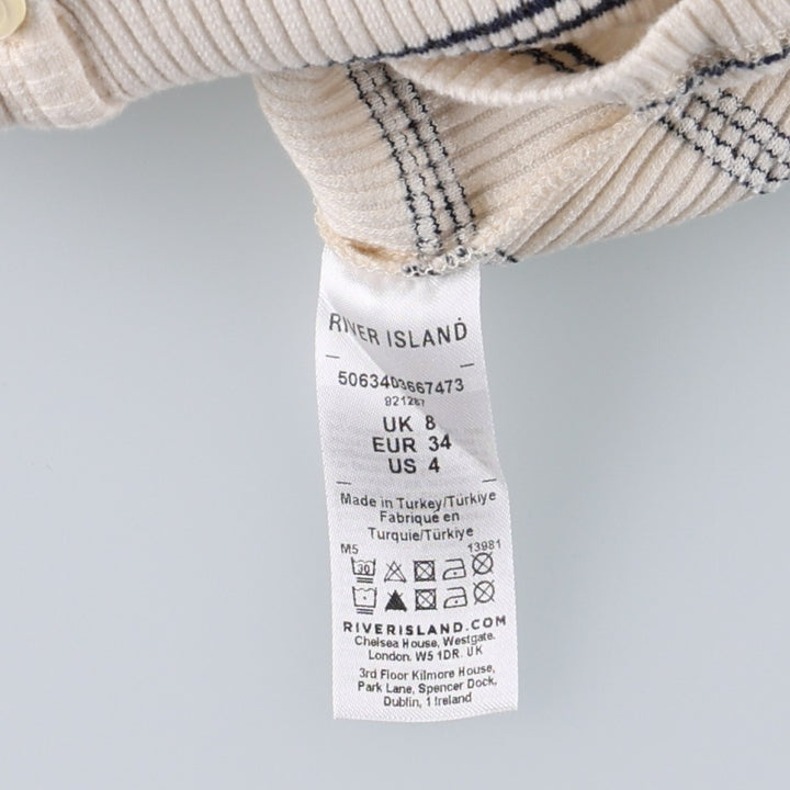 River Island Border Pattern Rib-Knit Cotton Cardigan (Women's Size M) cotton pale white type Vintage Second Hand