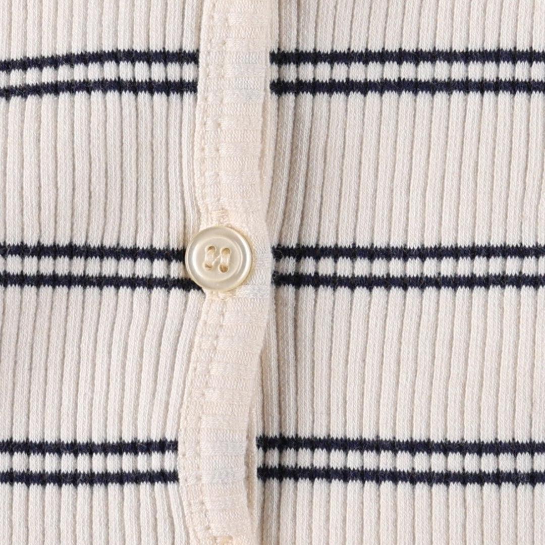 River Island Border Pattern Rib-Knit Cotton Cardigan (Women's Size M) cotton pale white type Vintage Second Hand