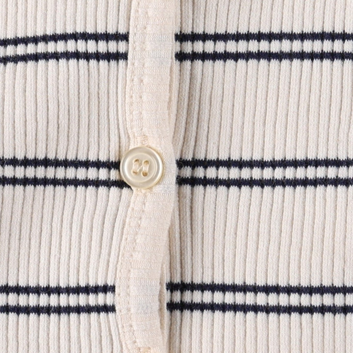 River Island Border Pattern Rib-Knit Cotton Cardigan (Women's Size M) cotton pale white type Vintage Second Hand