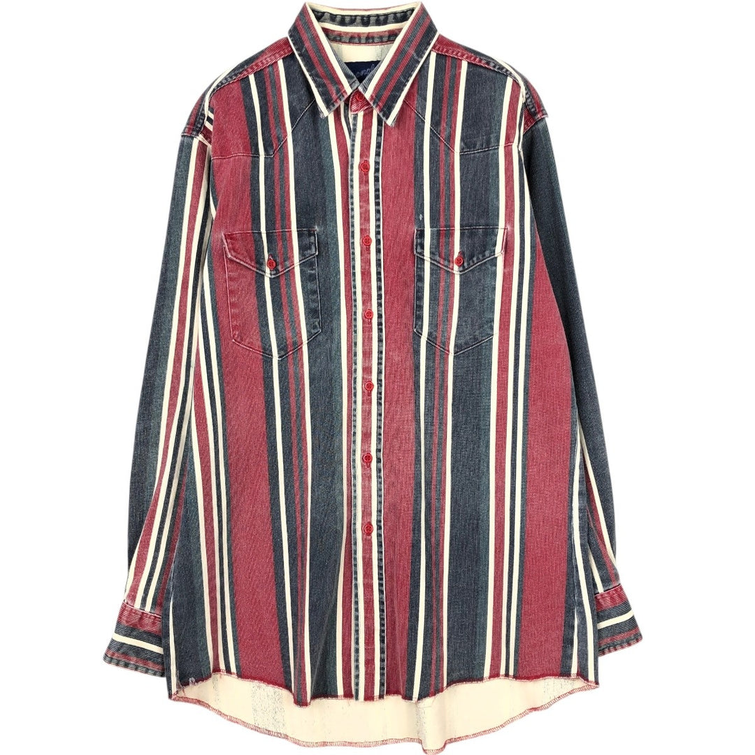 80s-90'S Wrangler Multi-Stripe Long-Sleeve Western Shirt, Made in USA, Men's Size L (approx.) cotton navy blue type Vintage Second Hand