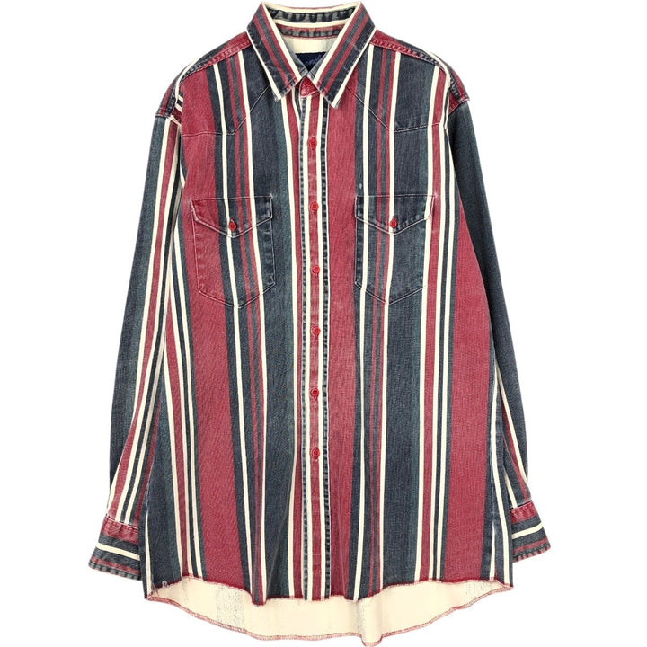 80s-90'S Wrangler Multi-Stripe Long-Sleeve Western Shirt, Made in USA, Men's Size L (approx.) cotton navy blue type Vintage Second Hand