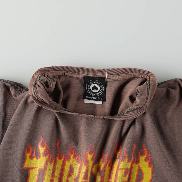 Thrasher Fire Pattern Surf Skate T-Shirt, Men's M cotton Khaki type brown Vintage Second Hand