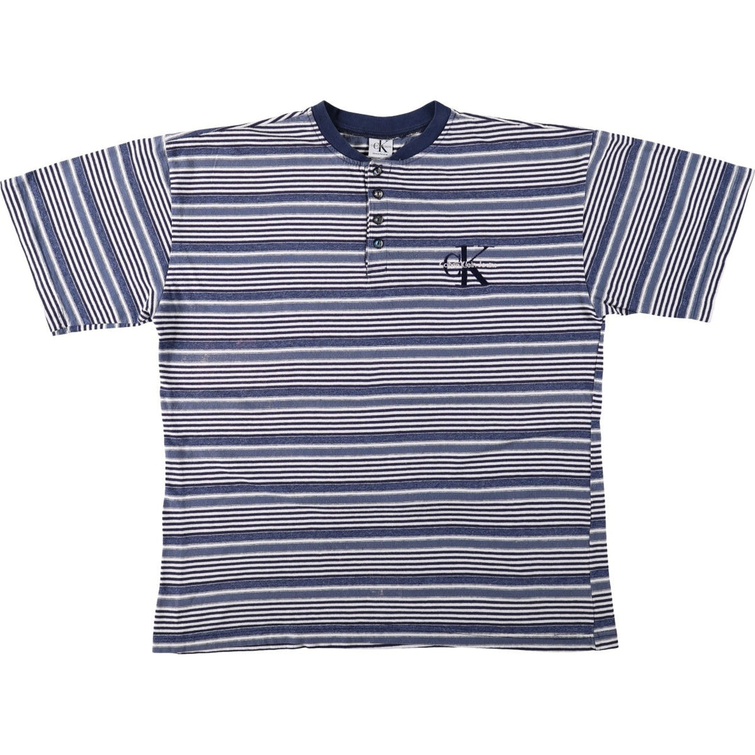 90'S Calvin Klein Jeans Henley Neck Short Sleeve Striped T-Shirt, Made in USA, Men's Size L (approx.), Vintage cotton blue type Vintage Second Hand