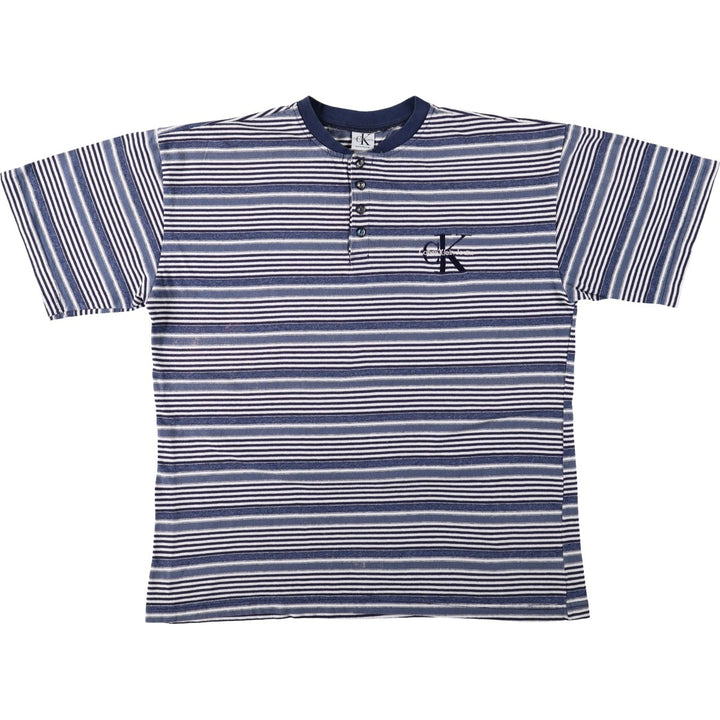 90'S Calvin Klein Jeans Henley Neck Short Sleeve Striped T-Shirt, Made in USA, Men's Size L (approx.), Vintage cotton blue type Vintage Second Hand