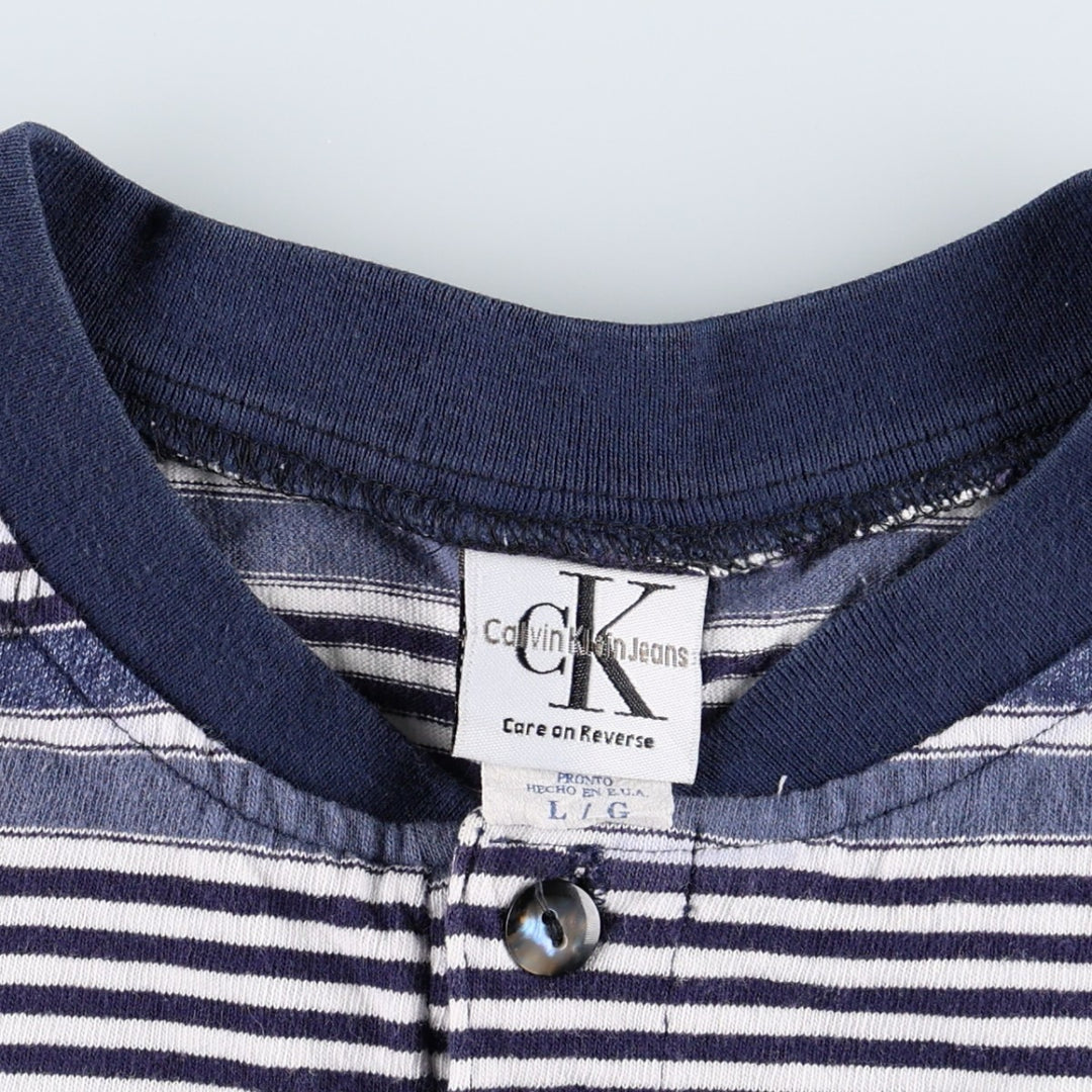 90'S Calvin Klein Jeans Henley Neck Short Sleeve Striped T-Shirt, Made in USA, Men's Size L (approx.), Vintage cotton blue type Vintage Second Hand