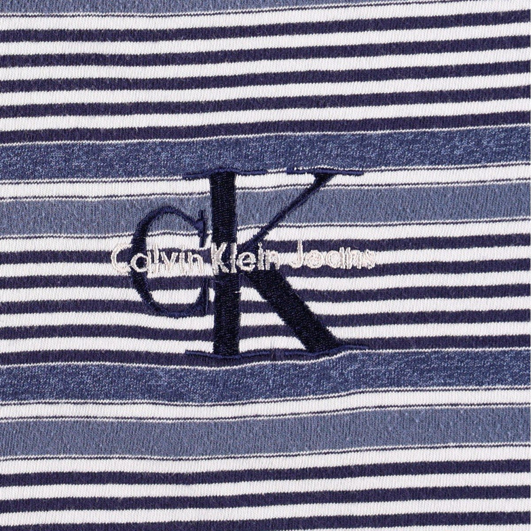 90'S Calvin Klein Jeans Henley Neck Short Sleeve Striped T-Shirt, Made in USA, Men's Size L (approx.), Vintage cotton blue type Vintage Second Hand