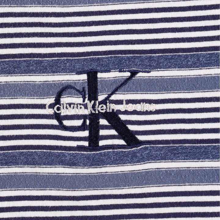90'S Calvin Klein Jeans Henley Neck Short Sleeve Striped T-Shirt, Made in USA, Men's Size L (approx.), Vintage cotton blue type Vintage Second Hand