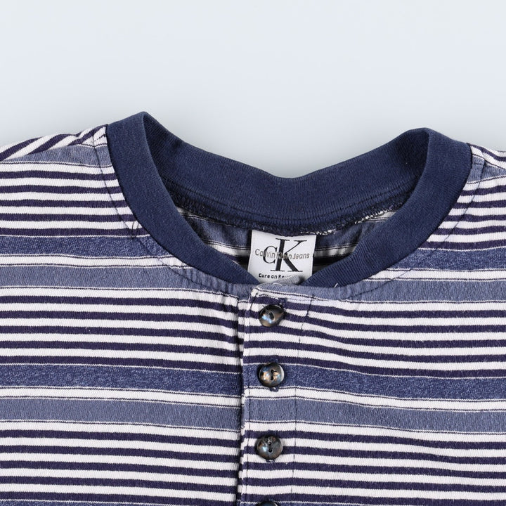 90'S Calvin Klein Jeans Henley Neck Short Sleeve Striped T-Shirt, Made in USA, Men's Size L (approx.), Vintage cotton blue type Vintage Second Hand