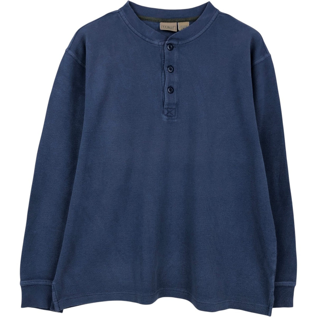 90'S LLBean Henley Neck Thermal Long-Sleeve T-Shirt, Waffle Knit, Men's Size L (Equivalent), Vintage cotton blue type Vintage Second Hand