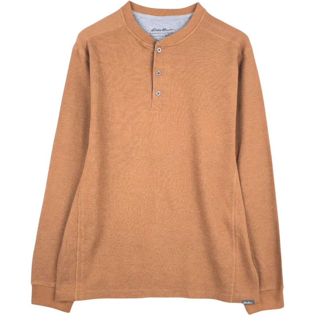 Eddie Bauer Men's Waffle Thermal Henley T-Shirt, Size XL cotton brown type Vintage Second Hand