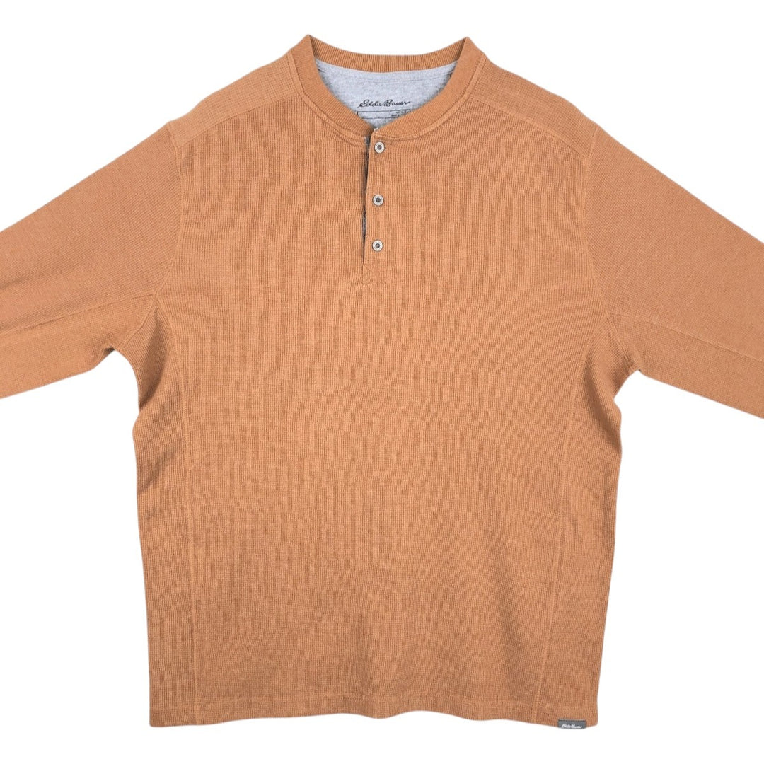 Eddie Bauer Men's Waffle Thermal Henley T-Shirt, Size XL cotton brown type Vintage Second Hand