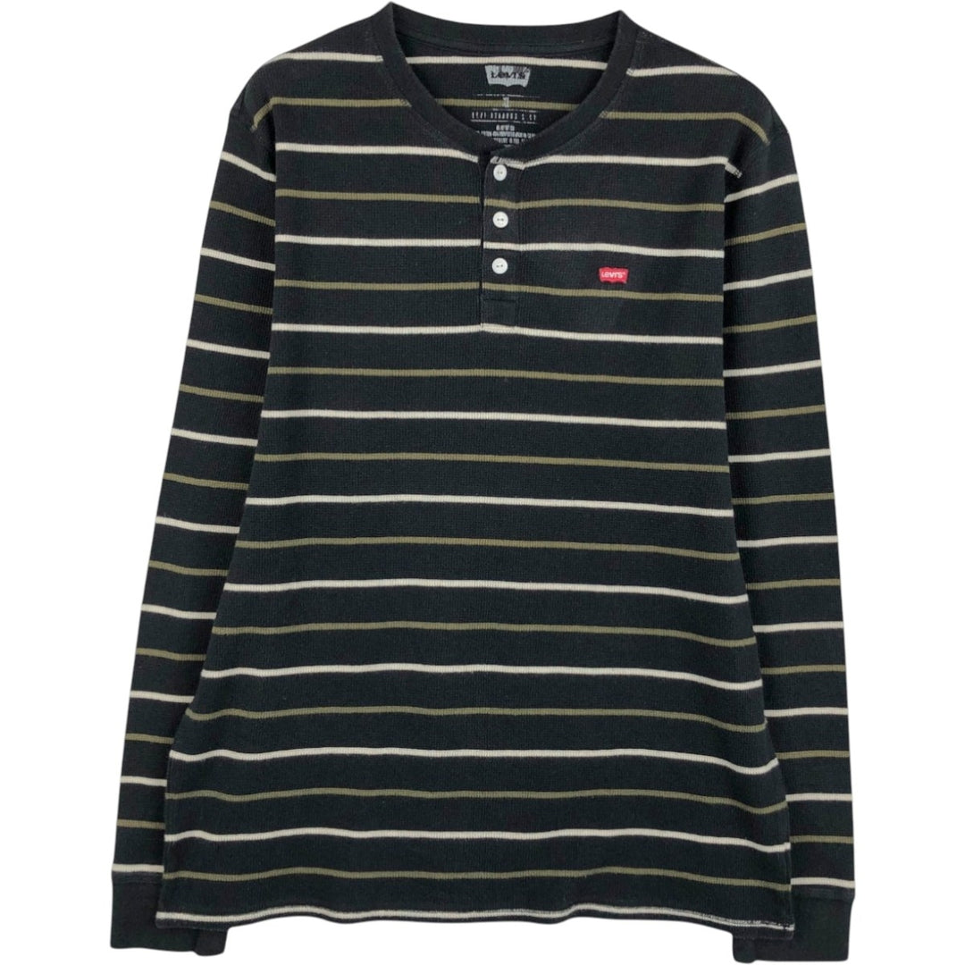 Levi's Border Pattern Henley Neck Thermal Long-Sleeve T-Shirt (Waffle Knit) - Men's XL equivalent cotton black type Vintage Second Hand