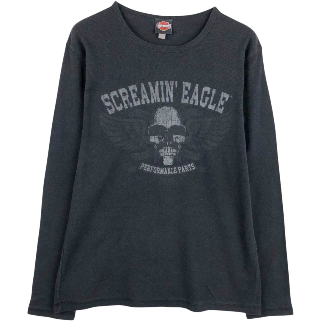 Harley-Davidson Skull Pattern Motorcycle Thermal Long-Sleeve T-Shirt (Waffle) - Men's XL equivalent. cotton black type Vintage Second Hand