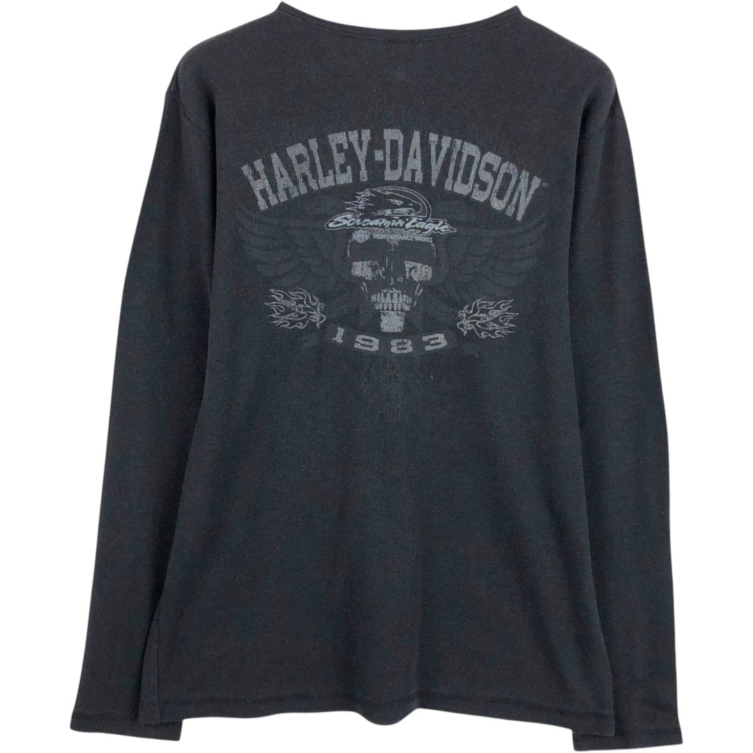 Harley-Davidson Skull Pattern Motorcycle Thermal Long-Sleeve T-Shirt (Waffle) - Men's XL equivalent. cotton black type Vintage Second Hand