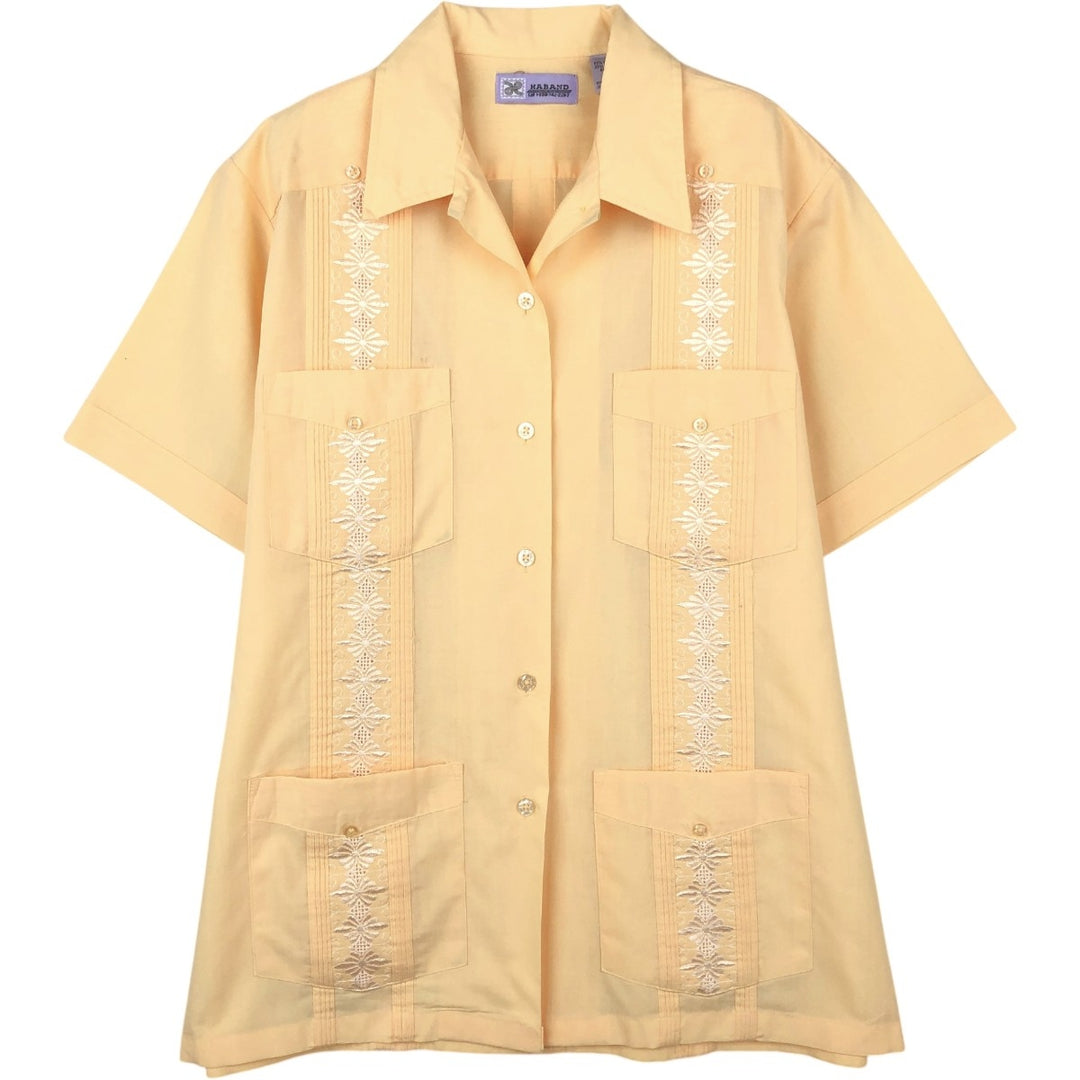 HABAND Short-Sleeve Open-Collar Mexican Shirt, Cuban Shirt, Boxy Shirt, Women's Size M (approx.) polyester yellow type Vintage Second Hand