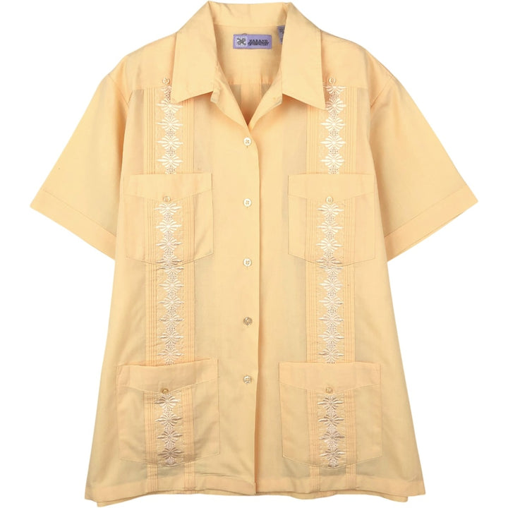HABAND Short-Sleeve Open-Collar Mexican Shirt, Cuban Shirt, Boxy Shirt, Women's Size M (approx.) polyester yellow type Vintage Second Hand
