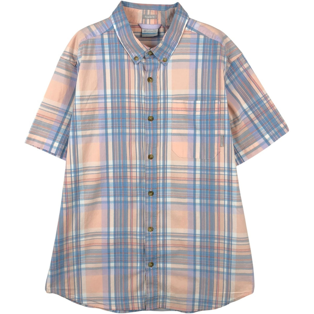 Columbia Regular Fit Check Pattern Short-Sleeve Button-Down Shirt (Men's Size L equivalent) cotton Blue type light blue Vintage Second Hand
