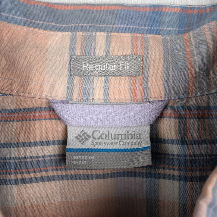 Columbia Regular Fit Check Pattern Short-Sleeve Button-Down Shirt (Men's Size L equivalent) cotton Blue type light blue Vintage Second Hand