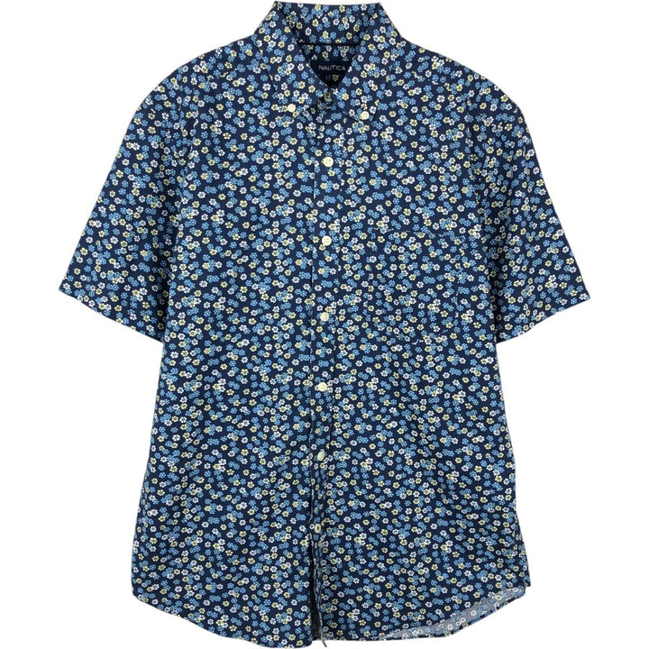 Nautica floral print short-sleeved button-down shirt (2000s) - Men's size M (approx.) cotton Navy blue Vintage Second Hand