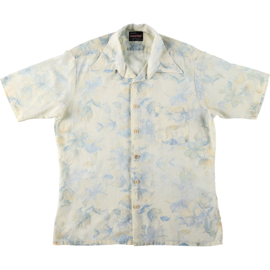 70'S Career Club all-over floral print short-sleeved open-collar shirt, boxy shirt, made in USA, men's size L equivalent, vintage. unclear pale white type Vintage Second Hand