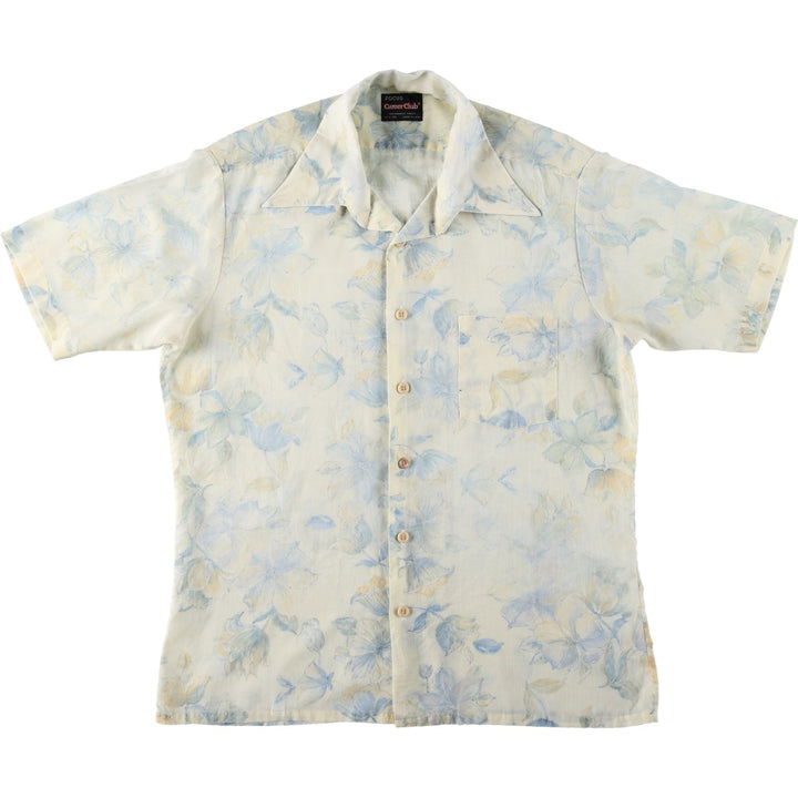 70'S Career Club all-over floral print short-sleeved open-collar shirt, boxy shirt, made in USA, men's size L equivalent, vintage. unclear pale white type Vintage Second Hand
