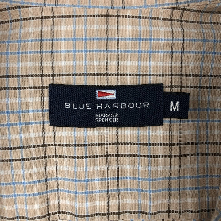 BLUE HARBOUR Check Pattern Short-Sleeve Button-Down Shirt (Women's Size M) cotton beige type brown Vintage Second Hand