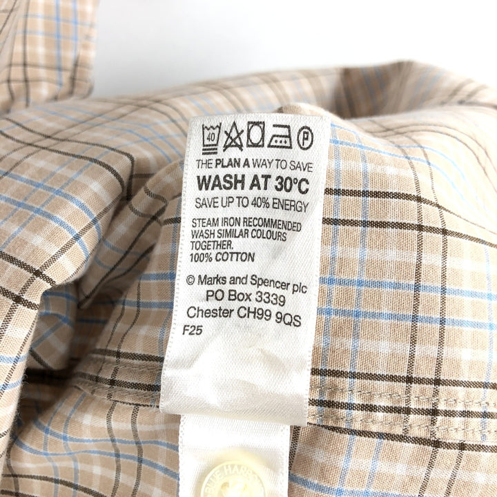 BLUE HARBOUR Check Pattern Short-Sleeve Button-Down Shirt (Women's Size M) cotton beige type brown Vintage Second Hand