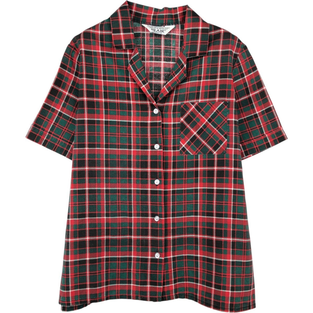 BLAIR Tartan Check Short-Sleeve Open Collar Shirt, Boxy Shirt, Women's Size M (approx.) unclear black type Vintage Second Hand