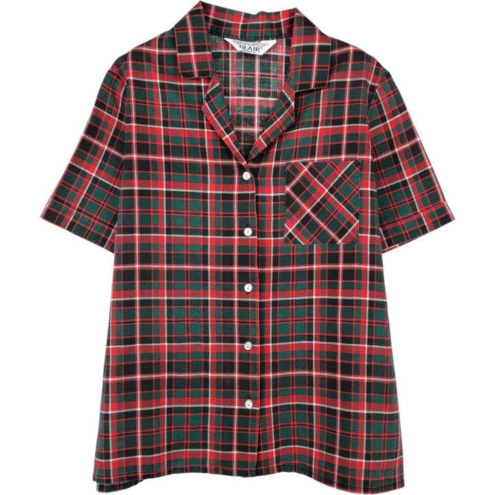 BLAIR Tartan Check Short-Sleeve Open Collar Shirt, Boxy Shirt, Women's Size M (approx.) unclear black type Vintage Second Hand