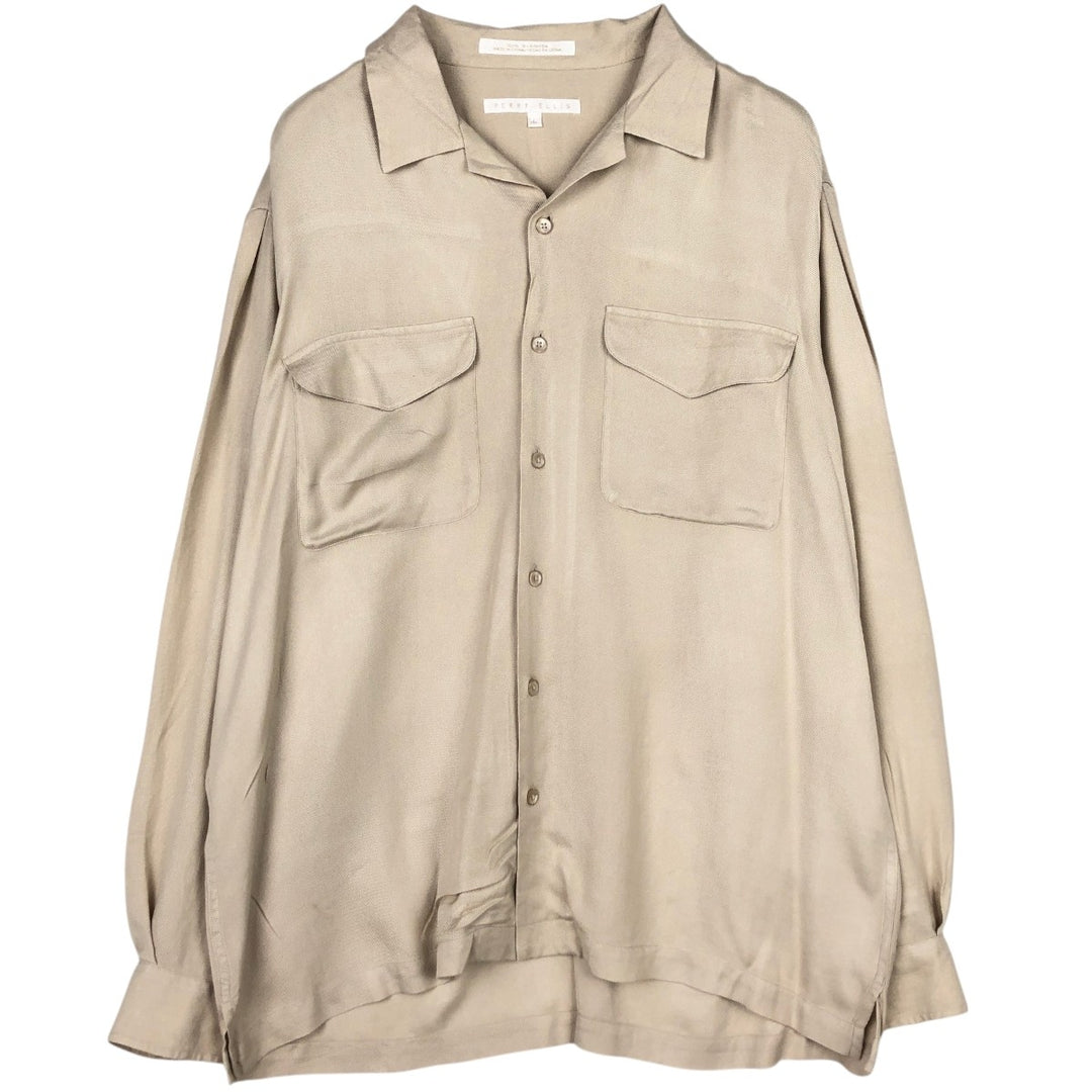 Perry Ellis Open Collar Long Sleeve Silk Shirt, Boxy Shirt, Men's Size L (approx.) silk Beige type Vintage Second Hand