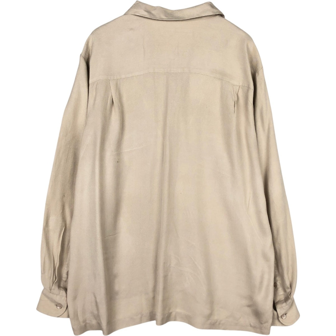 Perry Ellis Open Collar Long Sleeve Silk Shirt, Boxy Shirt, Men's Size L (approx.) silk Beige type Vintage Second Hand
