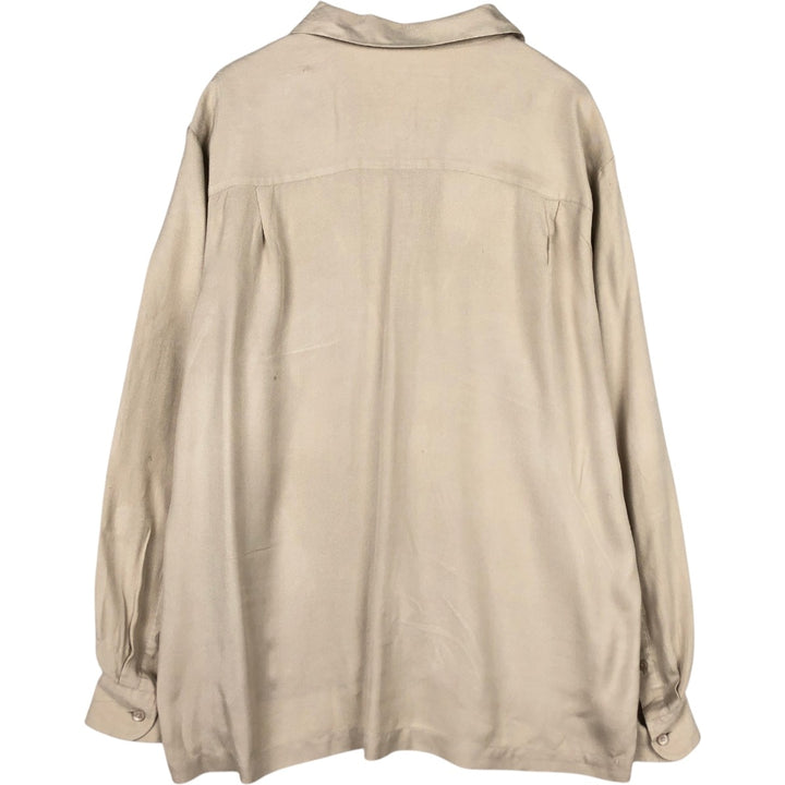 Perry Ellis Open Collar Long Sleeve Silk Shirt, Boxy Shirt, Men's Size L (approx.) silk Beige type Vintage Second Hand