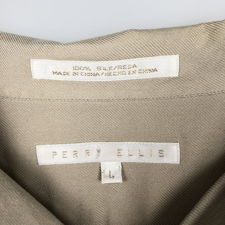 Perry Ellis Open Collar Long Sleeve Silk Shirt, Boxy Shirt, Men's Size L (approx.) silk Beige type Vintage Second Hand
