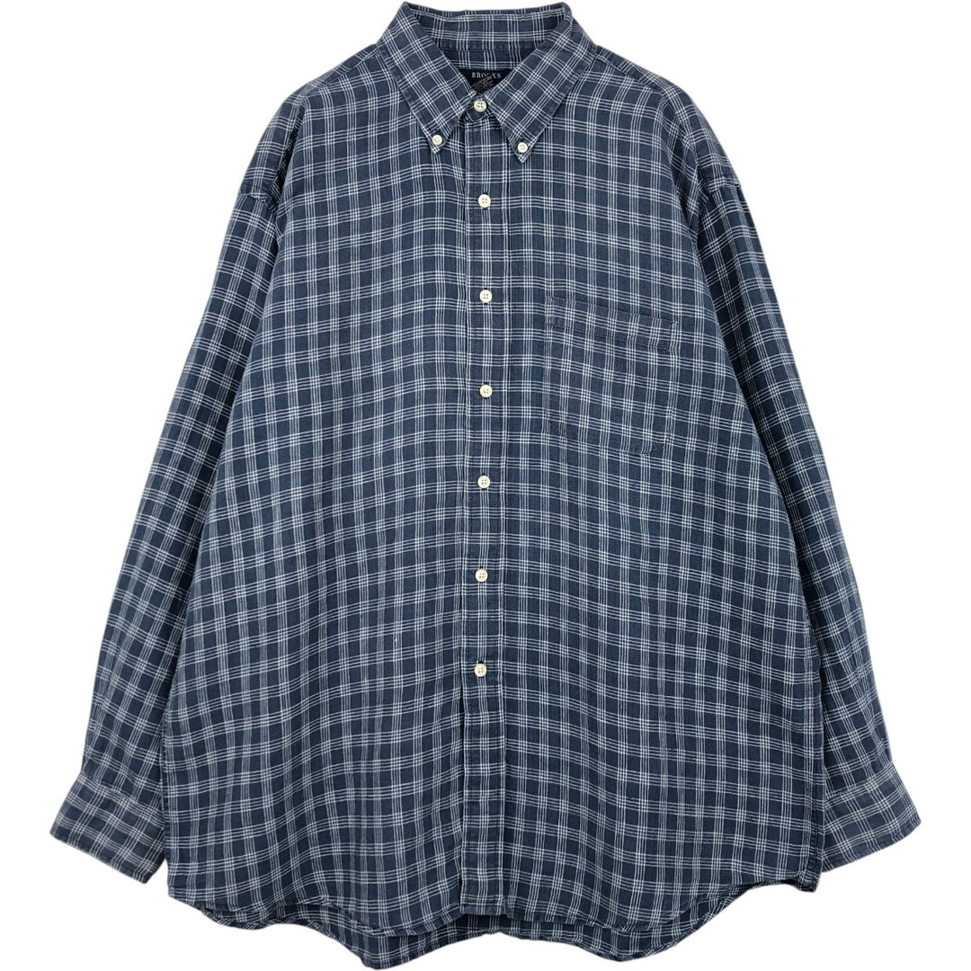 90'S Brooks Brothers Tartan Check Long-Sleeve Linen Button-Down Shirt, Men's Size L (approx.), Vintage Button-Down linen Navy blue Vintage Second Hand