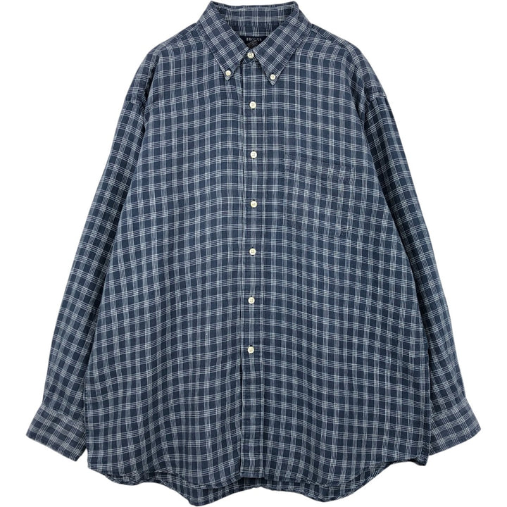 90'S Brooks Brothers Tartan Check Long-Sleeve Linen Button-Down Shirt, Men's Size L (approx.), Vintage Button-Down linen Navy blue Vintage Second Hand