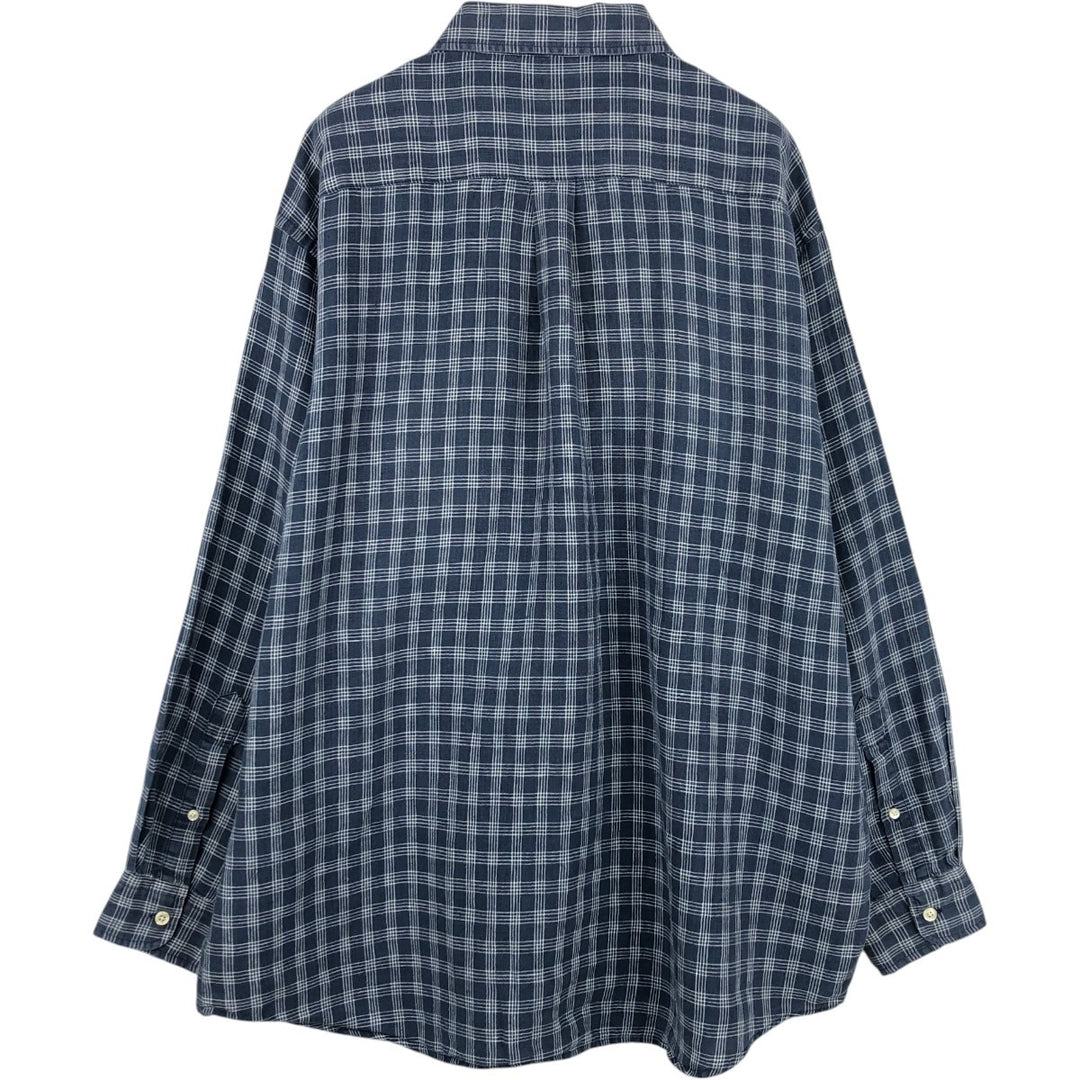 90'S Brooks Brothers Tartan Check Long-Sleeve Linen Button-Down Shirt, Men's Size L (approx.), Vintage Button-Down linen Navy blue Vintage Second Hand