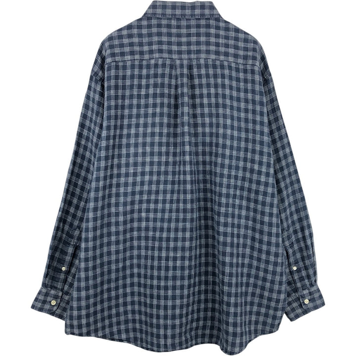 90'S Brooks Brothers Tartan Check Long-Sleeve Linen Button-Down Shirt, Men's Size L (approx.), Vintage Button-Down linen Navy blue Vintage Second Hand