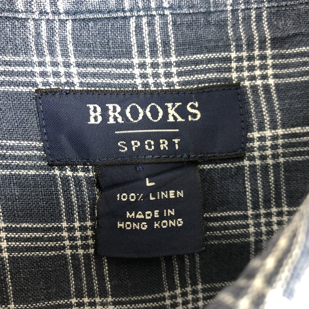 90'S Brooks Brothers Tartan Check Long-Sleeve Linen Button-Down Shirt, Men's Size L (approx.), Vintage Button-Down linen Navy blue Vintage Second Hand
