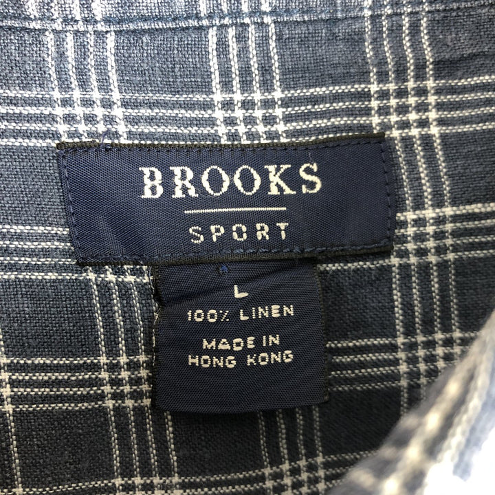 90'S Brooks Brothers Tartan Check Long-Sleeve Linen Button-Down Shirt, Men's Size L (approx.), Vintage Button-Down linen Navy blue Vintage Second Hand