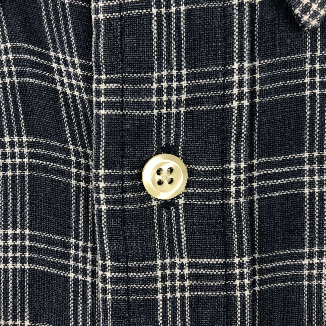 90'S Brooks Brothers Tartan Check Long-Sleeve Linen Button-Down Shirt, Men's Size L (approx.), Vintage Button-Down linen Navy blue Vintage Second Hand
